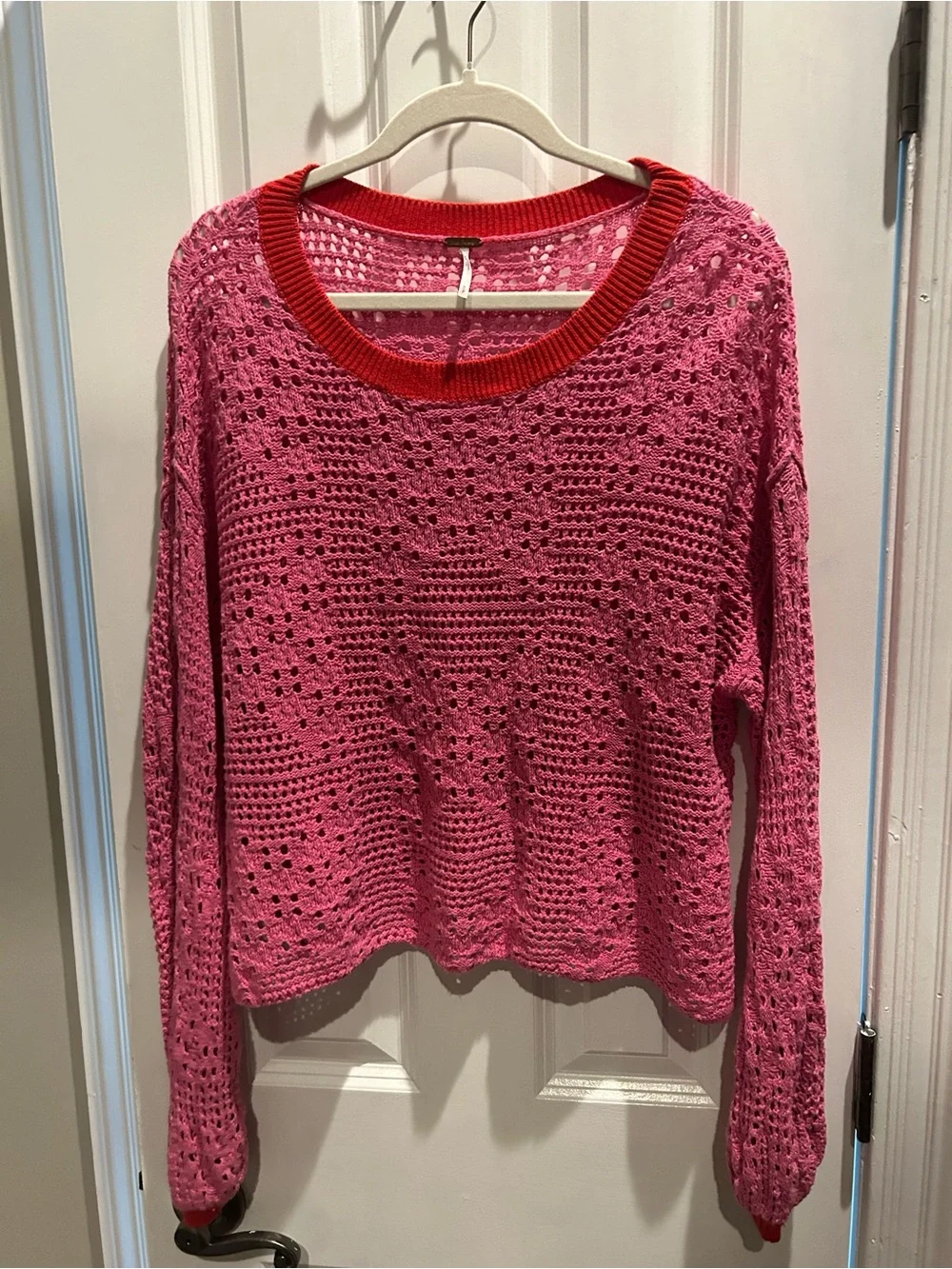 Free People Pink Crochet Knit Sweater with Red Trim